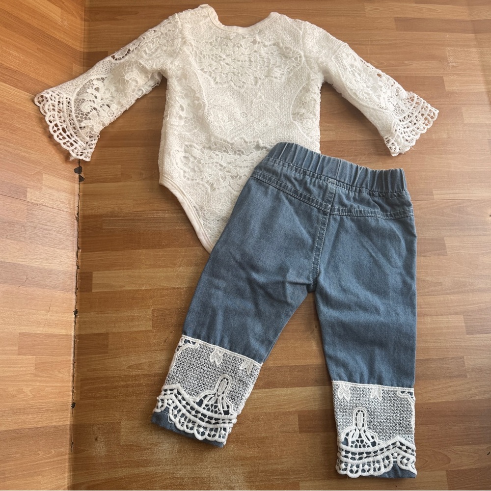 Infant pants outfit , white lace and blue jean denim size 0-3 months